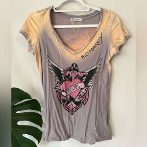 Ed Hardy Pink and Gray V-Neck Winged Heart Graphic Tee